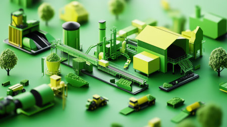 A vibrant green industrial landscape showcases modern machinery and sustainable practices. This detailed model highlights agriculture, technology, and eco-friendly production methods, ideal for illustrating themes of innovation and sustainability in industry.の素材