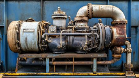 This image features an industrial pump system with pipes and valves, showcasing mechanical engineering details against a blue backdrop, suitable for industrial themes.の素材