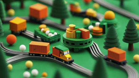 A vibrant scene featuring a colorful toy train set on a green playmat surrounded by trees and geometric shapes, promoting creativity and imaginative play for children.の素材