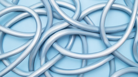 This image showcases a mesmerizing arrangement of intertwined silver hoses against a soft blue background, creating a dynamic and fluid visual experience.の素材