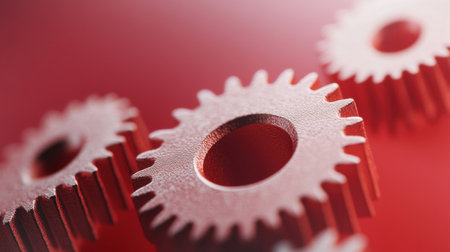 This image showcases a close-up of metallic gears placed against a vibrant red background, highlighting the intricate details and textures of industrial components.の素材