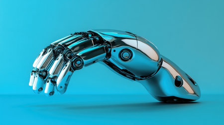 A striking robotic hand designed with metallic elements resting on a smooth blue surface, showcasing advanced technology and innovative engineering techniques.の素材