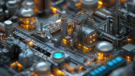 This image captures a modern industrial factory scene, showcasing intricate machinery and complex systems. The scene emphasizes technology's role in production efficiency.の素材