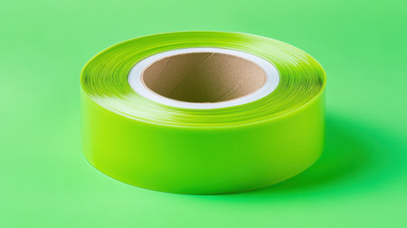 A bright green transparent tape roll set against a vibrant backdrop, ideal for various creative projects, crafting, and organizing tasks in any workspace.の素材
