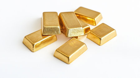 This image features several gleaming gold bars arranged on a clean white background, symbolizing wealth, investment, and financial prosperity.の素材