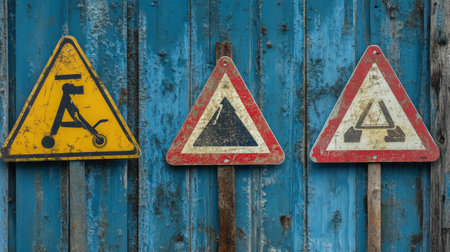Three vintage caution signs displayed against a rustic blue background create an engaging visual focusing on safety in an industrial setting.の素材
