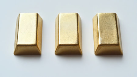 Three shiny gold bars positioned on a white backdrop symbolize wealth and luxury. Ideal for themes related to finance, investment, and opulence.の素材