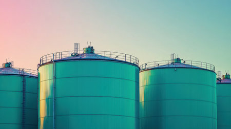A striking view of industrial storage tanks highlighted by a colorful sunset sky, showcasing the blend of metal structure and natural beauty.の素材