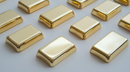 A stunning collection of gold bars arranged in neat rows, showcasing their reflective surfaces and inviting a sense of luxury and wealth. Ideal for finance concepts.の素材