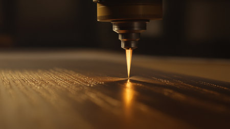 A focused laser cutting device emits a fine beam, illuminating a wooden surface, showcasing precision in craftsmanship and innovative manufacturing processes.の素材