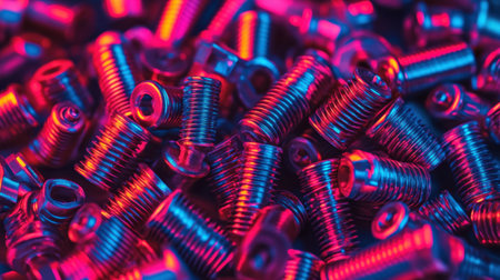 A stunning close-up view of metallic screws and bolts presented in vibrant neon colors. The intricate details and textures create a mesmerizing visual effect ideal for industrial themes.の素材
