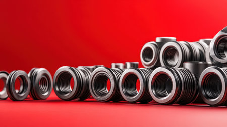 A striking close-up image showcasing a variety of metal components, including threaded inserts and machined parts, set against a bold red background, emphasizing texture and detail.の素材