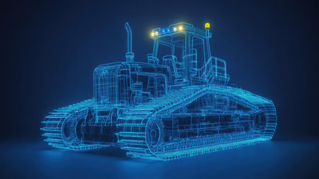 A detailed 3D wireframe rendering of a heavy-duty bulldozer showcased in electric blue on a dark background, highlighting unique design features and illuminated elements.の素材