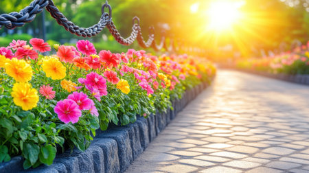 A picturesque scene featuring vibrant flowers lining a smooth pathway in an urban garden. Sunlight filters through the trees, creating a serene atmosphere.の素材