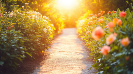 A tranquil garden pathway stretches into the distance, enveloped by vibrant flowers and lush greenery, bathed in warm golden light at sunset, inviting peace.の素材