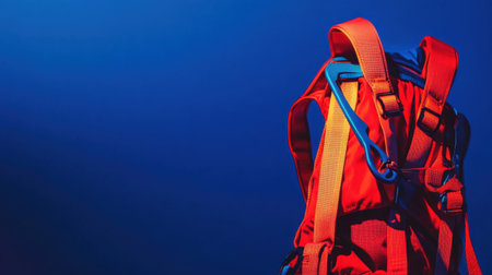 This image features a bright red backpack set against a deep blue background. The vibrant colors and dramatic lighting highlight the backpack's design and make it suitable for travel, adventure, or lifestyle themes.の素材