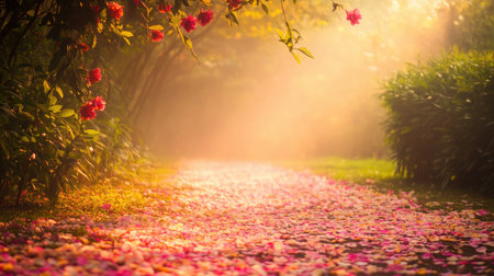A serene garden pathway adorned with lush green foliage and vibrant flower petals under a soft golden glow, inviting peace and inspiration.の素材