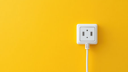 This image features a modern white electrical outlet mounted on a vibrant yellow wall, complemented by a white cord, perfect for showcasing contemporary home or office aesthetics.の素材