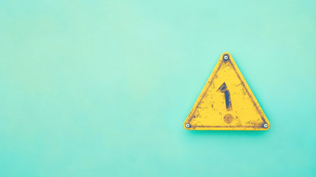 This image features a yellow warning sign with a triangle shape set against a vibrant mint green background, symbolizing caution and risks in varied contexts.の素材