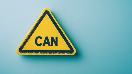 A vibrant yellow triangle sign featuring the word "Can" against a soft blue background, symbolizing motivation and positivity in visual communication.の素材
