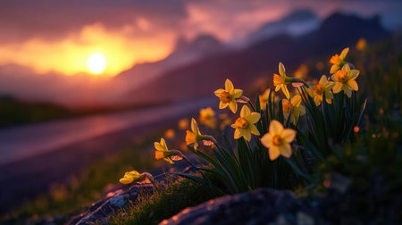 A stunning close-up of vibrant yellow daffodils blooming in a serene mountain landscape at sunset, capturing the beauty of nature during golden hour.の素材