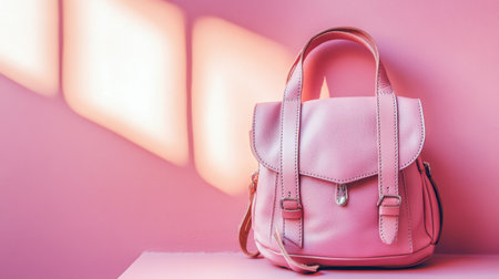 This image features a stylish pink handbag set against a soft pink background, highlighting its sleek design and modern aesthetic. The gentle shadows add depth, creating a harmonious composition perfect for fashion showcases.の素材