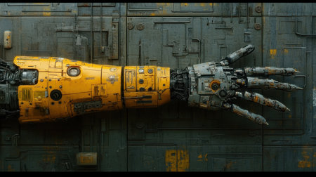 A striking image of a futuristic robotic arm set against an industrial backdrop, showcasing intricate mechanical details and a textured surface.の素材