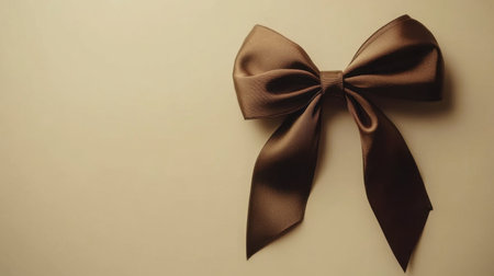 This elegant brown satin bow features long, flowing streamers on a neutral background, perfect for enhancing gift wrapping or decoration for any occasion.の素材