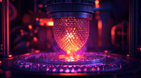 A striking visual of a 3D printing process showcasing intricate designs and glowing materials in a futuristic laboratory environment, highlighting innovation.の素材