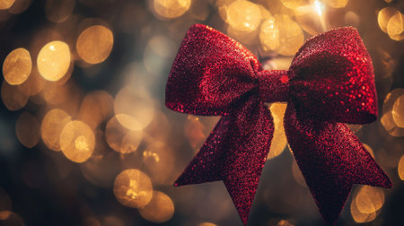A stunning red bow adorned with glitter glistens against a backdrop of soft bokeh lights, perfect for evoking warmth and festive cheer during celebrations.の素材