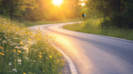 A tranquil curved road lined with vibrant wildflowers and lush greenery, bathed in warm golden light during sunset, ideal for nature and travel themes.の素材