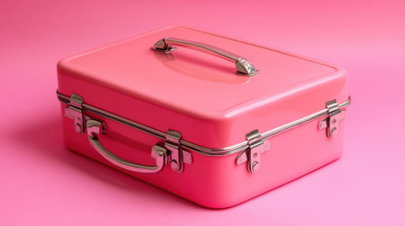 This charming vintage pink suitcase features shiny metal accents and a sleek handle, perfect for travel or decorative storage against a soft pink backdrop.の素材
