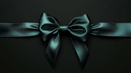 This image features an elegant teal satin bow with long tails displayed on a dark background. Ideal for enhancing gift wrapping or decoration, it captures luxury and beauty.の素材