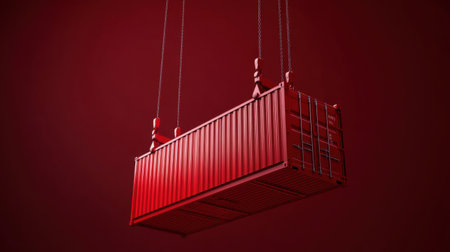 A striking red shipping container is suspended by a crane in a dark red studio setting, showcasing the elements of industry and transport operations.の素材