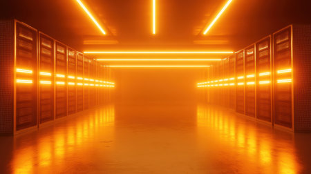 A striking corridor illuminated by vibrant neon lights creates a futuristic atmosphere, showcasing sleek design and modern technology in a solitary space.の素材