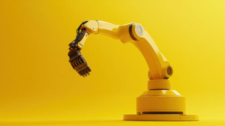 A vibrant yellow robotic arm with a gripper stands against a bright yellow background, symbolizing innovation and advanced automation in industry.の素材