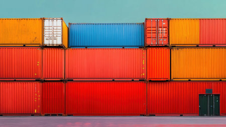 This image showcases an arrangement of brightly colored shipping containers stacked against a clear sky, highlighting modern industry and transportation themes.の素材