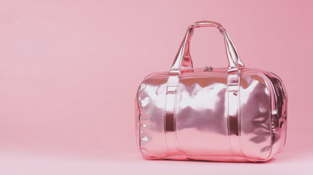 This shiny pink metallic duffel bag stands out against a soft pink backdrop, showcasing its stylish design ideal for travel, fashion, and everyday use.の素材