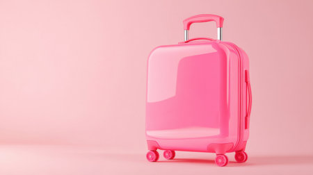 A bright pink suitcase stands on a soft pink background, capturing attention with its glossy finish. Ideal for travel and vacation themes, it symbolizes stylish journeys.の素材
