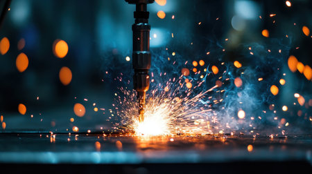 Captivating close-up view of sparks flying from a cutting tool in an industrial workshop. The image captures energy, motion, and the dynamic process of metalworking.の素材