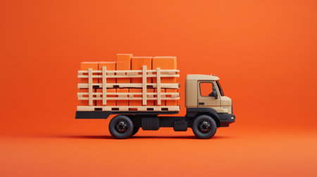 A delivery truck loaded with wooden pallets and bright orange boxes stands out against a vibrant orange backdrop, perfect for transport and logistics themes.の素材