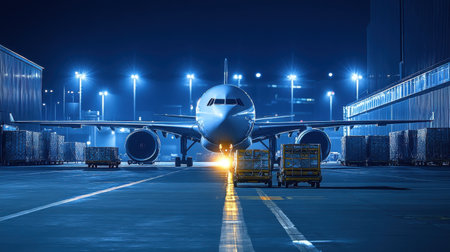 A stunning view of a cargo aircraft parked at an airport during nighttime. The bright lights enhance the scene, emphasizing the world of modern logistics and air transportation.の素材
