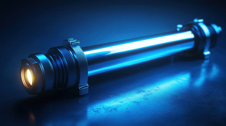 This striking image features a futuristic light tube with a soft blue glow, set against a dark surface. The sleek metallic design enhances the moody ambiance, creating an intriguing focal point for creative projects.の素材