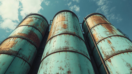 A close-up view of weathered industrial silos against a vibrant blue sky adorned with fluffy white clouds. The rusty surface texture enhances the visual appeal.の素材