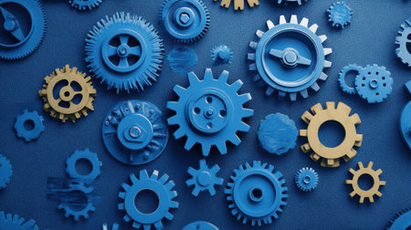 This image features a vibrant arrangement of blue and yellow gears set against a textured background, symbolizing industry and technological innovation.の素材