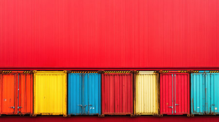 This image features an array of colorful shipping containers lined against a striking red wall, showcasing industrial design and urban aesthetics.の素材