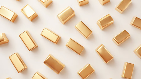 A stunning arrangement of golden rectangular bars set against a smooth white surface, perfect for illustrating themes of wealth, investment, and luxury.の素材