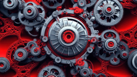 This striking image showcases intricate metal gears and cogs intertwined against a vibrant red background, perfect for illustrating industrial concepts and mechanical themes.の素材