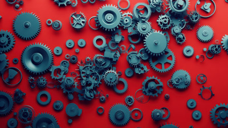 This striking image features a dynamic composition of various mechanical gears set against a bold red background, showcasing intricate details and design.の素材