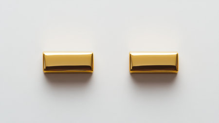 Two shiny gold bars placed on a clean white background, symbolizing wealth and investment. The smooth surface reflects light, emphasizing luxury.の素材